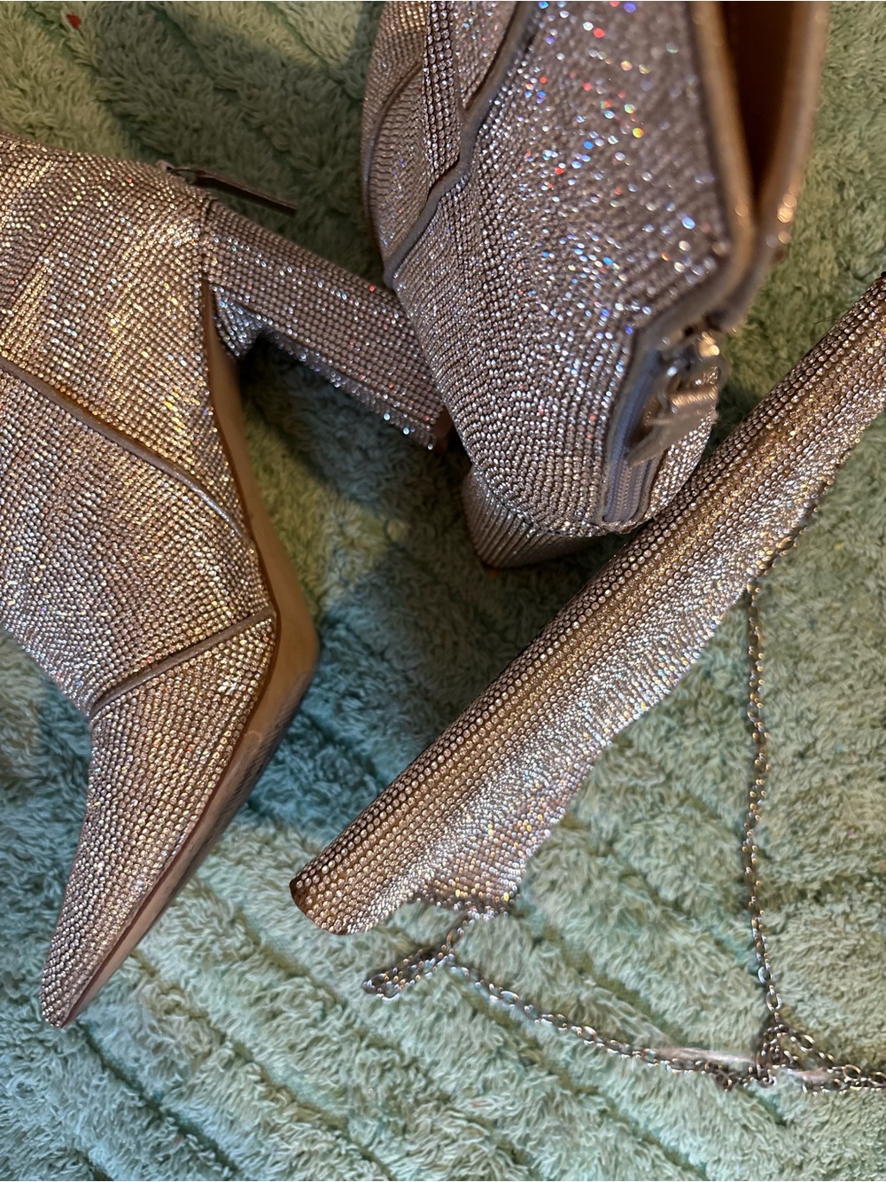 Steve Madden Silver Rhinestone Pointed Toe Block Heel Boots